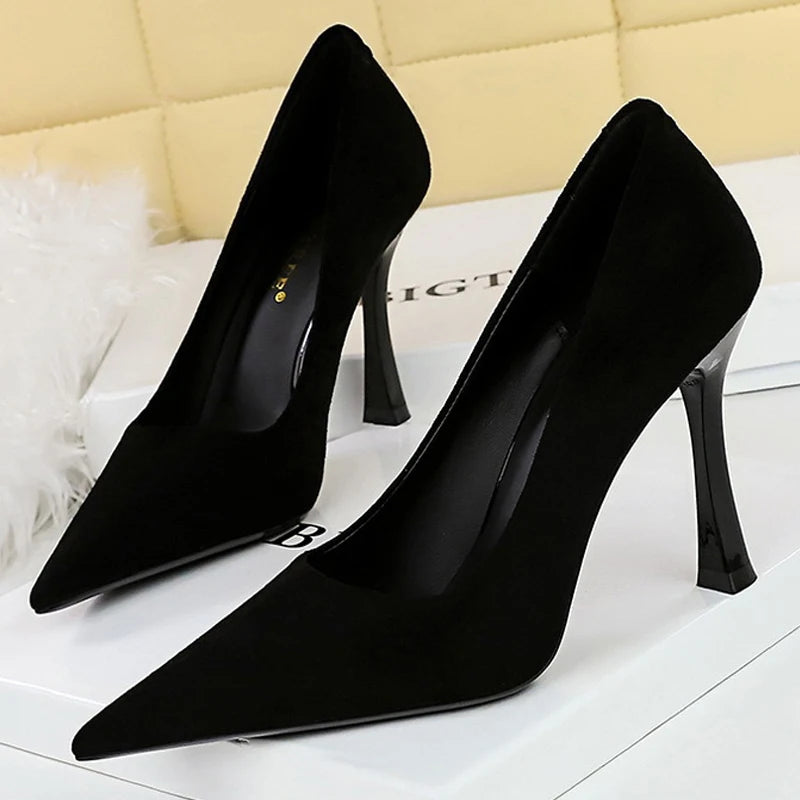 Black Suede Women Pumps with Pointed Toe and High Heels, Wine Glasses Design