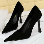 Black Suede Women Pumps with Pointed Toe and High Heels, Wine Glasses Design