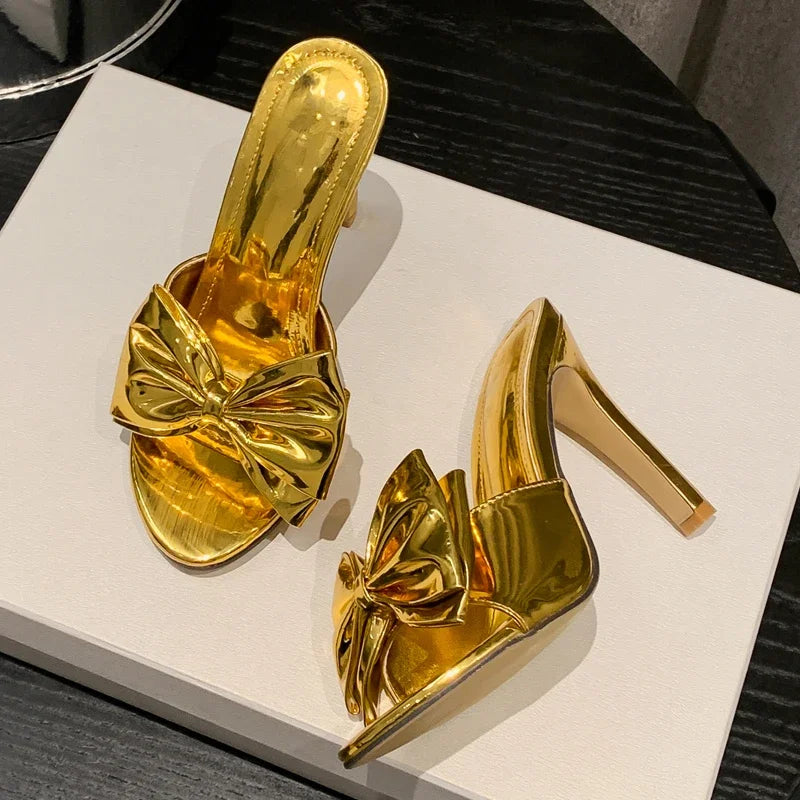 Gold Silver Pointed Toe Women Slippers with Butterfly-knot Thin High Heels