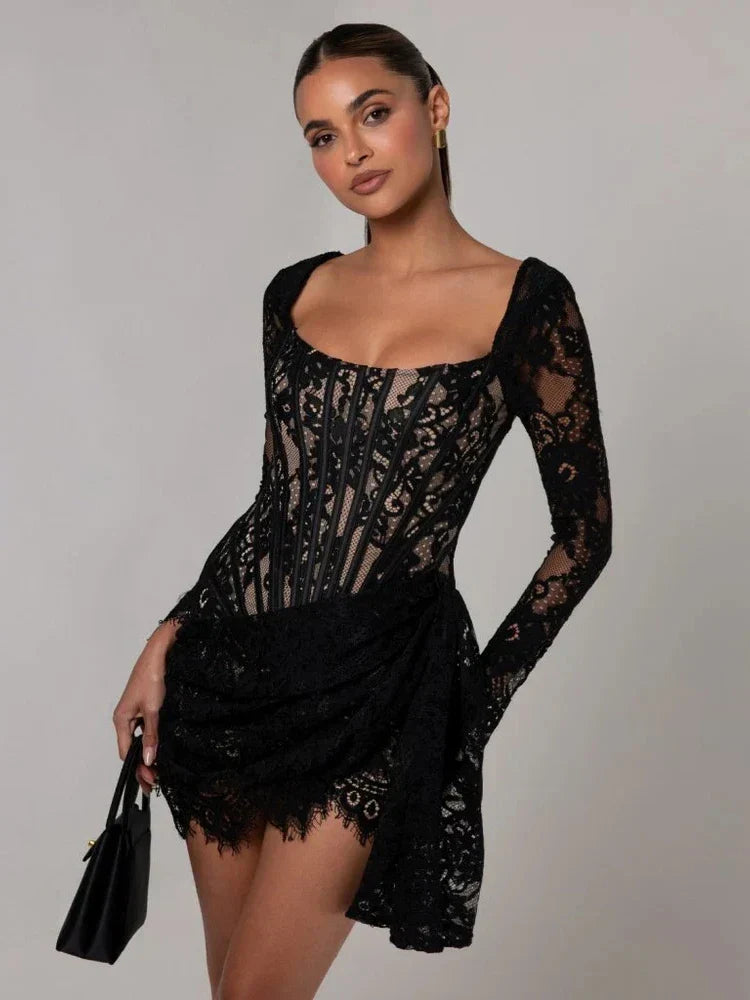 Square Neck Lace Corset Long Sleeve Ruched Scalloped Hem Mini Dress