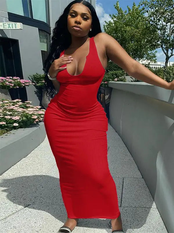 Ribbed Knit Deep Scoop Neck Tank Bodycon Maxi Dress