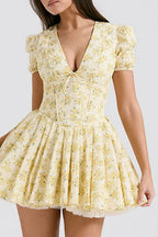 V-Neck Short Sleeve Pleated A-Line Mini Dress with High Waist