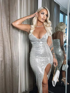 Sequin Deep V Split Bodycon Midi Dress