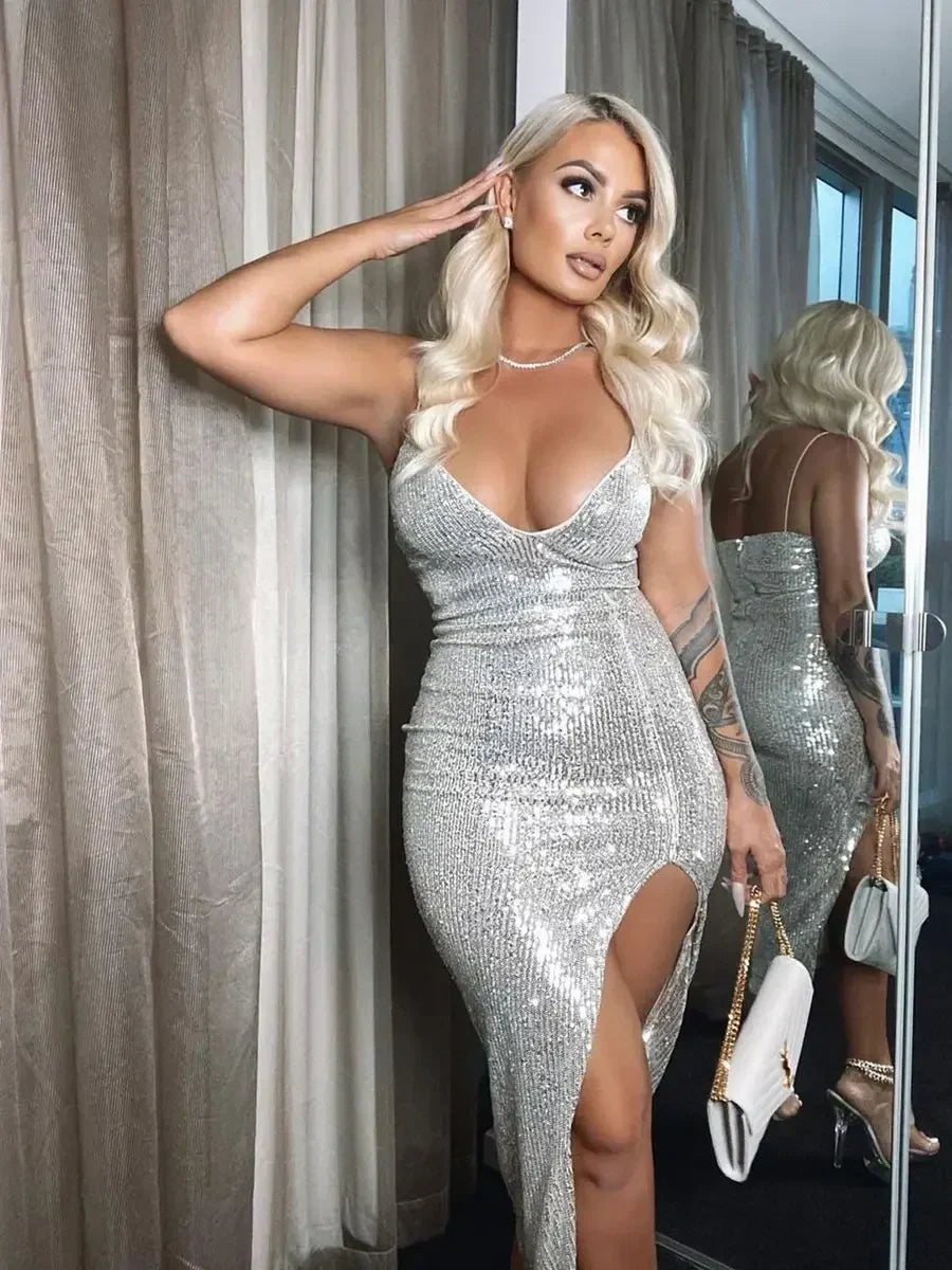 Sequin Plunge V-Neck Spaghetti Strap Side Slit Bodycon Midi Dress