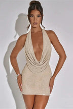 Sparkly Backless Halter Mini Dress
