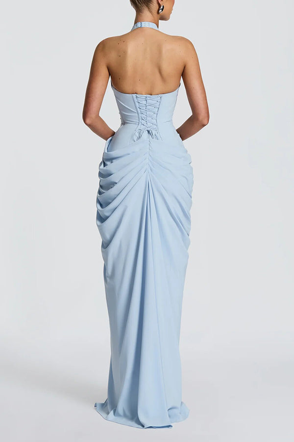 Minette Halter Back Lace-up Asymmetrical Pleats Slit Maxi Dress