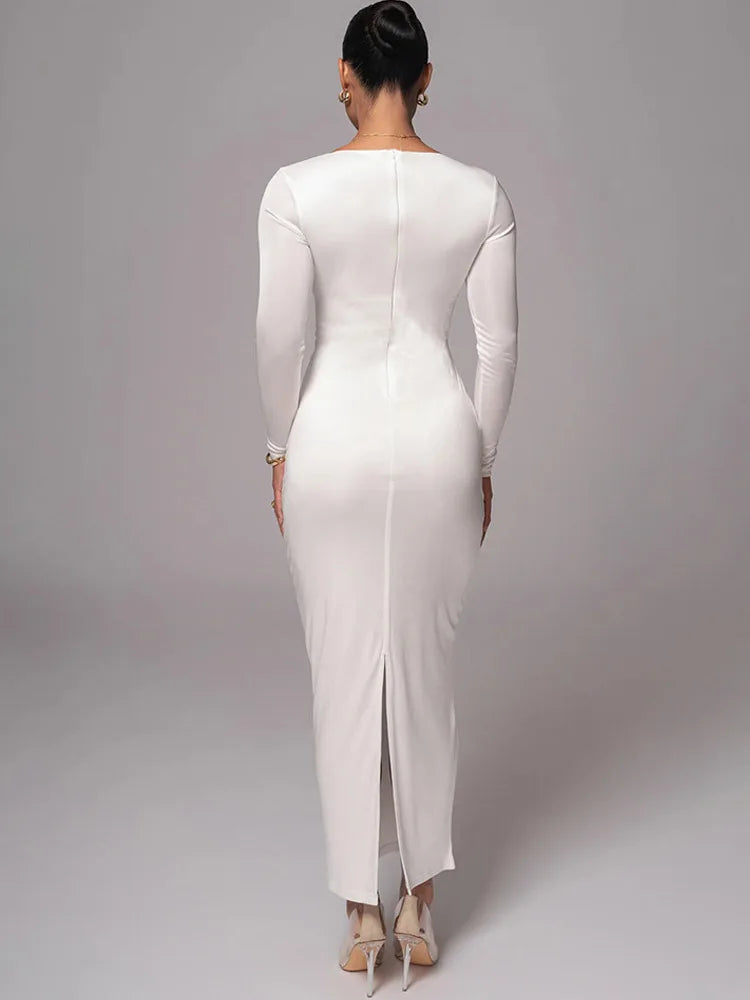 V-Neck Long Sleeve Ring Hardware Cut Out Bodycon Maxi Dress