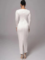 V-Neck Long Sleeve Ring Hardware Cut Out Bodycon Maxi Dress