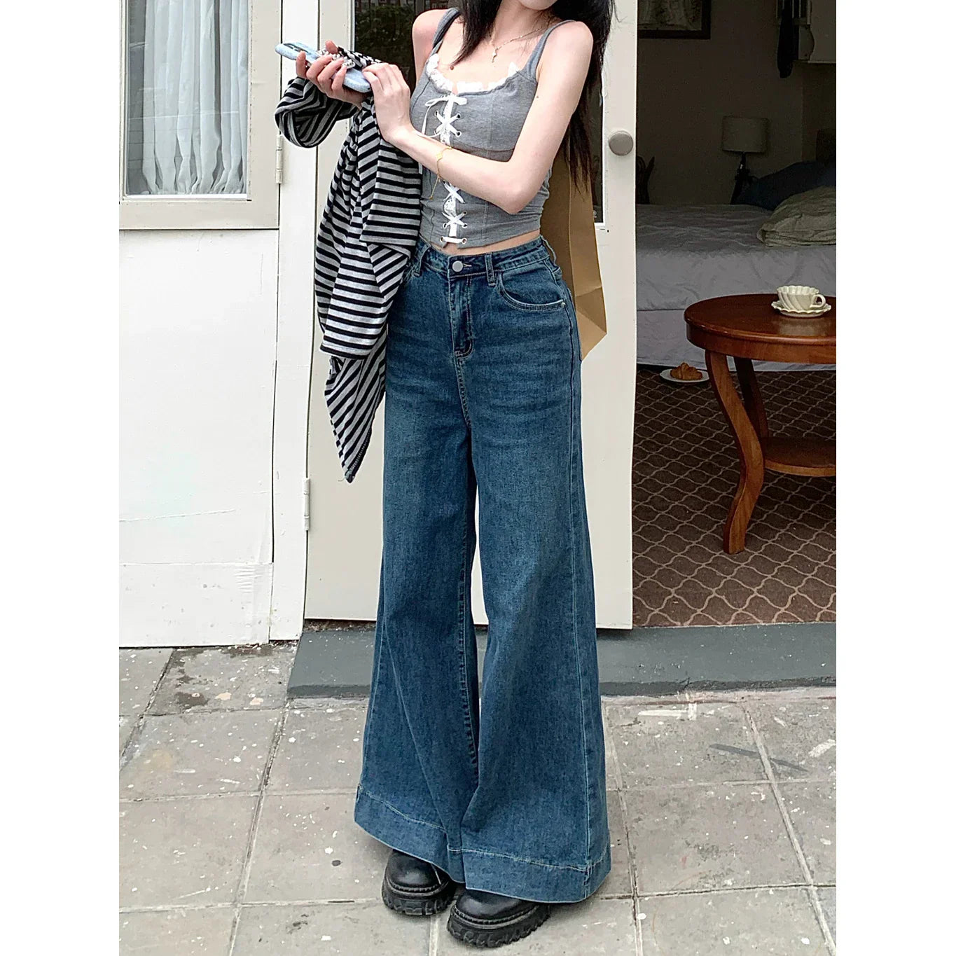 Blue Womens Jeans High Waist Vintage Straight Winter Y2K Classic Denim Pants Streetwear American Wide Leg Baggy Denim Trouser
