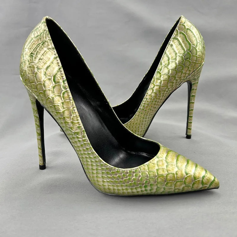 Green Gold Crocodile Effect Pointy Toe High Heel Shoes for Women
