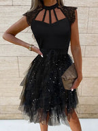 Floral Lace Deep V-Neck Bow Waist Tiered Tulle Skater Mini Dress