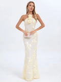 Ysabella Floral Applique Mesh Halter Gown