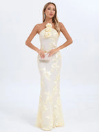 Ysabella Floral Applique Mesh Halter Gown