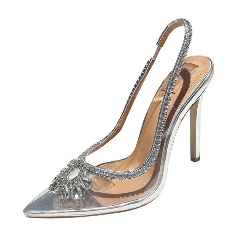 Clear Rhinestone Women Sandals Pumps with Hollow Out Slingbacks and High Heels