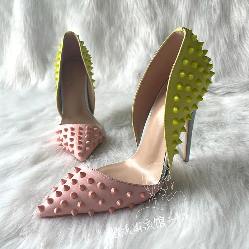 High Heel Shoes with Mixed Colors, Pointed Toe, Rivets, and Studs for Sexy Women