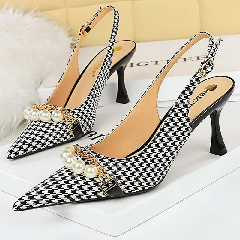 Spring Pearl Metal Chain High-heels Checked Grain Stilettos Women