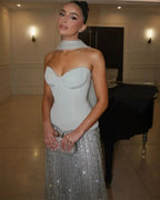 Strapless Corset Sweetheart Sequin Stripe Column Maxi Gown