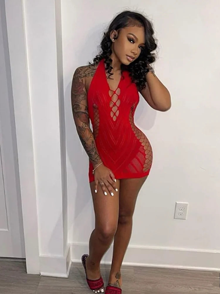 Ribbed Mesh Halter Lace Up Side Cut Out Bodycon Mini Dress