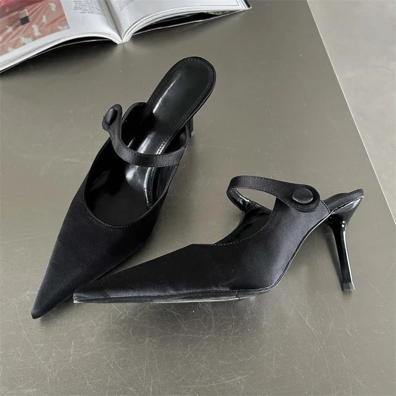 Satin Button Pointed Toe Pumps Slipper Women Fashion Thin High Heels
