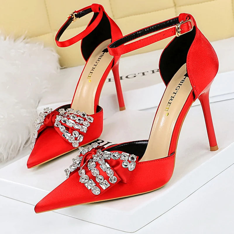 Summer High Heels 10 Cm Rhinestone Bow Women's Pumps with Hollow Out Design