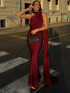 Satin Halter Neck Draped Sash Panel Column Maxi Dress