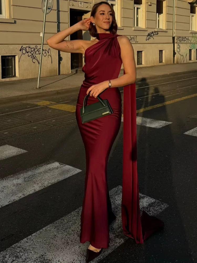 Satin Halter Neck Draped Sash Panel Column Maxi Dress