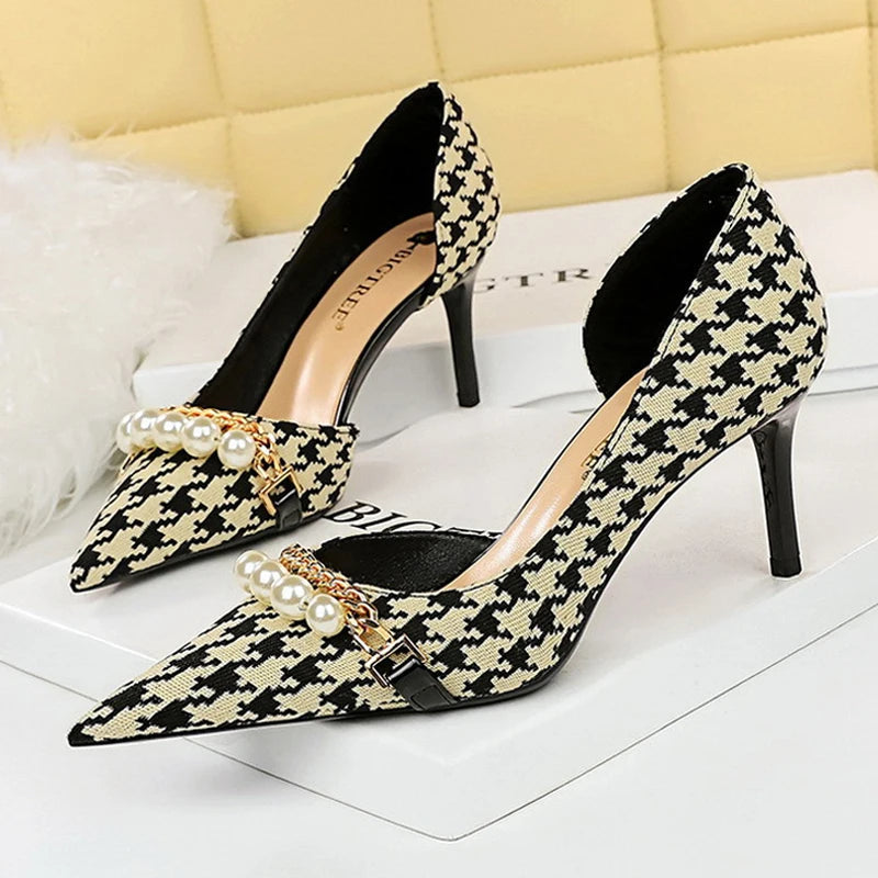 Grain Women Pumps with Pearl Chain Design - High Quality High Heels