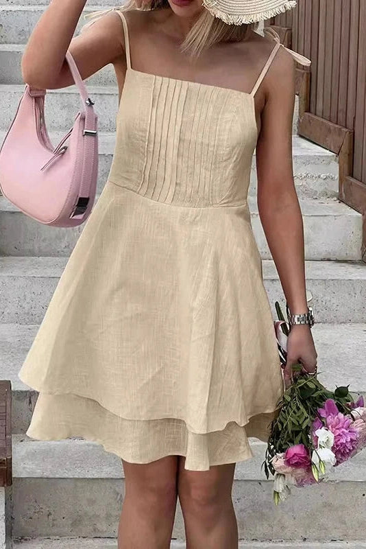 Lace Up Backless A-Line Patchwork Mini Dress with Square Collar