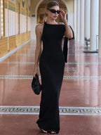 High Neck Sleeveless Draped Shoulder Sash Column Maxi Dress