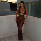 Halter Plunging Neck Cut Out Waist Ring Detail Psychedelic Print Bodycon Maxi Dress