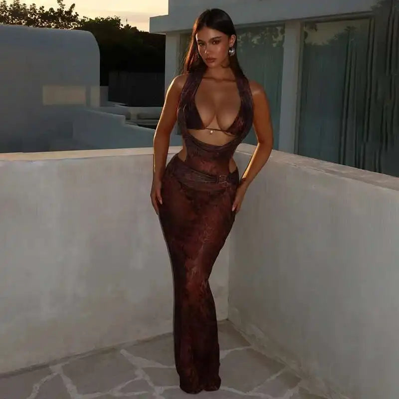 Halter Plunging Neck Cut Out Waist Ring Detail Psychedelic Print Bodycon Maxi Dress