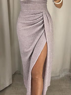 Lucía Minimalist Glitter Dress with Off the Shoulder Shoulders Statement Occasion Edit
