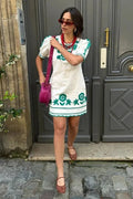 Short Sleeve Mini Dress with O-Neck and High Waist