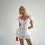 Eyelet Embroidered Sweetheart Puff Sleeve Tiered Ruffle Mini Dress