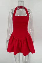 Pleated A-Line Mini Dress with High Waist Slim Fit