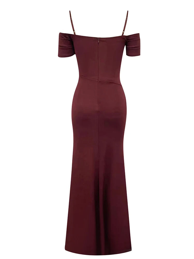 Maricia Burgundy Off Shoulder Mesh Patchwork Gown