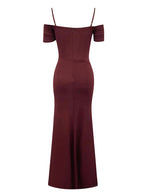 Maricia Burgundy Off Shoulder Mesh Patchwork Gown