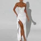 Sequin Strapless Bodice Satin Draped High Slit Maxi Gown