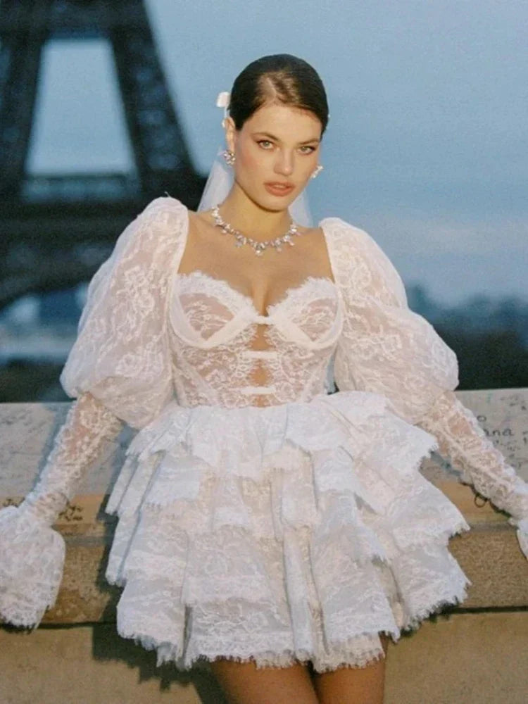 Floral Lace Corset Bustier Puff Sleeve Tiered Ruffle Mini Dress