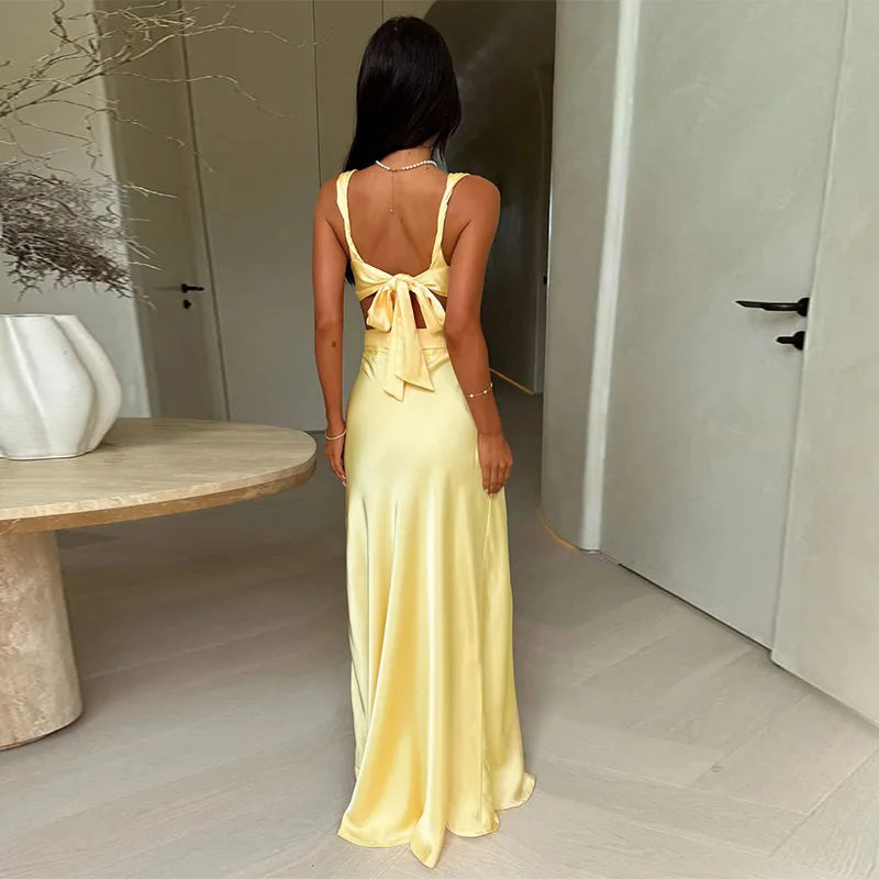 Satin Deep V-Neck Waist Cut Out Flowy Maxi Dress