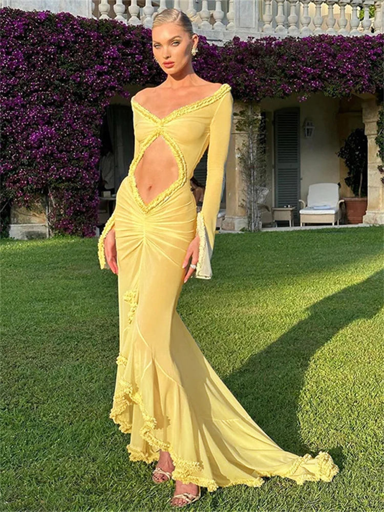 Mesh Long Sleeve Midriff Cut Out Ruffle Trim High Low Maxi Dress