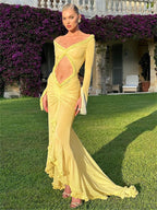 Mesh Long Sleeve Midriff Cut Out Ruffle Trim High Low Maxi Dress