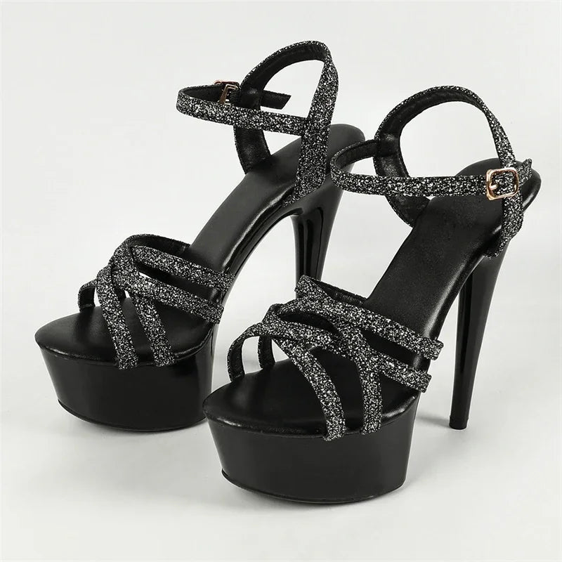 Sequin Cloth Narrow Band Women Sandals with Buckle Strap Stiletto Heels