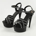 Sequin Cloth Narrow Band Women Sandals with Buckle Strap Stiletto Heels