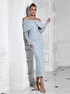 Off Shoulder Bow Detail Floral Jacquard Sheer Long Sleeve Bodycon Midi Dress