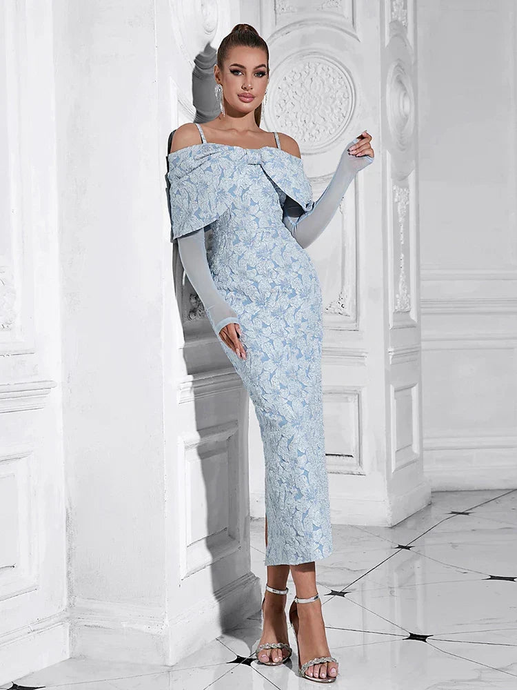 Off Shoulder Bow Detail Floral Jacquard Sheer Long Sleeve Bodycon Midi Dress