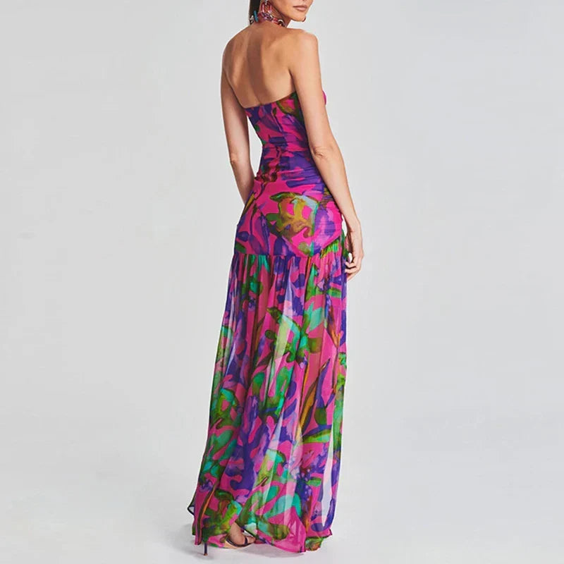 Strapless Floral Print High Split Maxi Dress