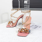 Plus Size Thin Heel High Heel Sandals with Metal Chain and Rhinestone Square Head