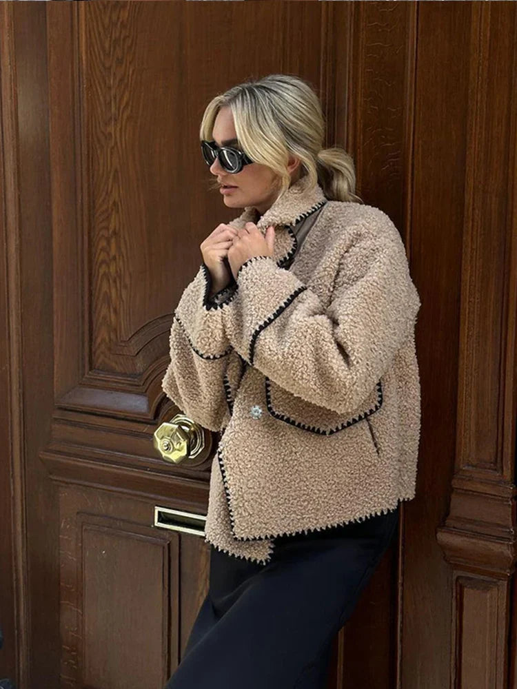Women Contrasting One Button Lamb Woolen Coat Fashion Lapel Long Sleeves Short Plush Jacket Autumn Casual Lady Street Outwear