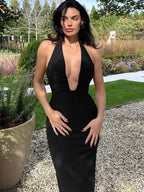 Halter Neck Deep Plunge Ruched Side Bodycon Maxi Dress